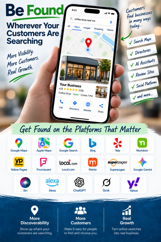 Be found on the top business listings and Ai platforms Voice Search